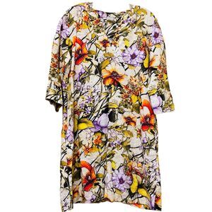 Chico’s Size 2 Linen Floral Shift Dress 3/4 Sleeve V‑Neck Pockets 12/14 Light